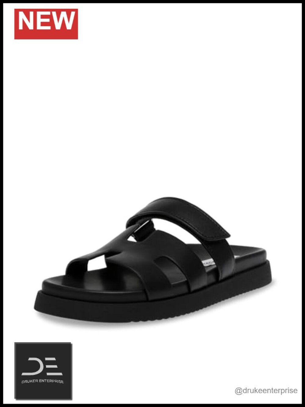 Leather Slide Sandals with Platform Heel Hook-and-Loop Adjustable